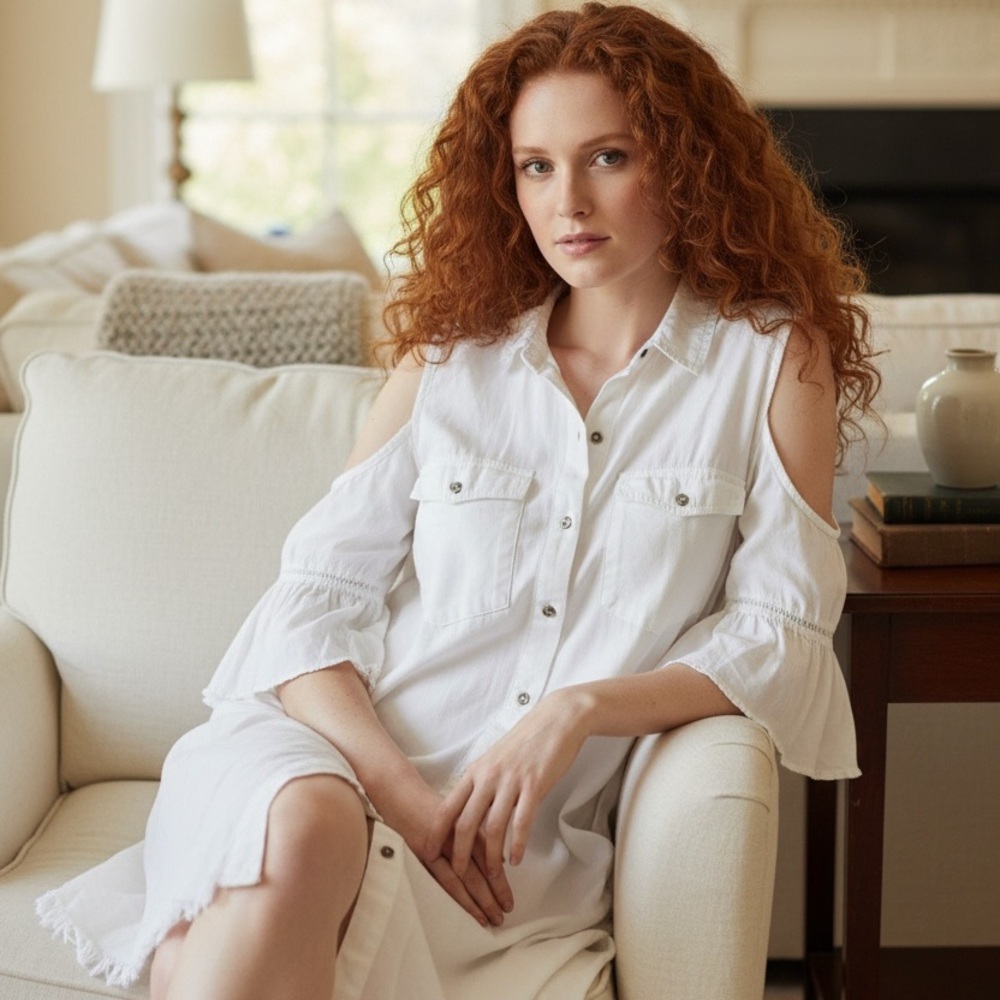 Standard Grace White Button Front Cold Shoulder High Low Shirt Dress Size L